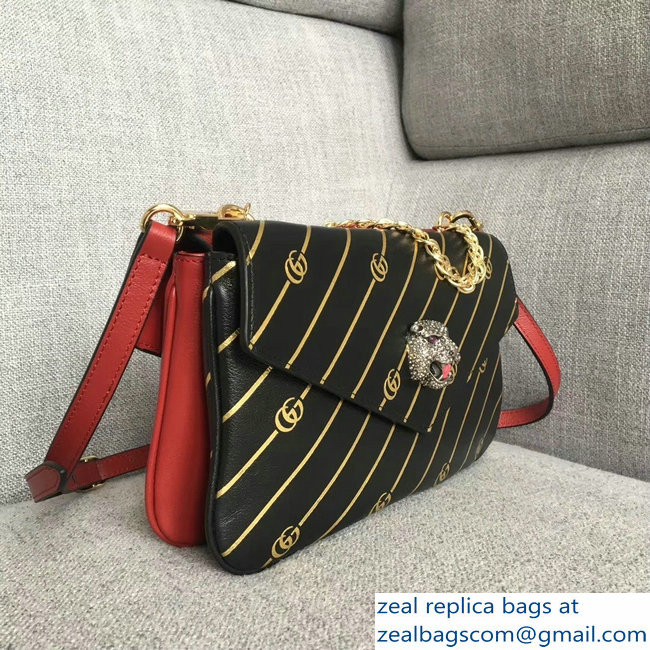 Gucci Double G And Feline Head With Crystals Medium Double Shoulder Bag 524822 Black/Red 2018 - Click Image to Close