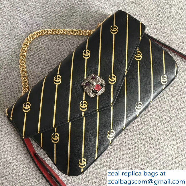 Gucci Double G And Feline Head With Crystals Medium Double Shoulder Bag 524822 Black/Red 2018 - Click Image to Close