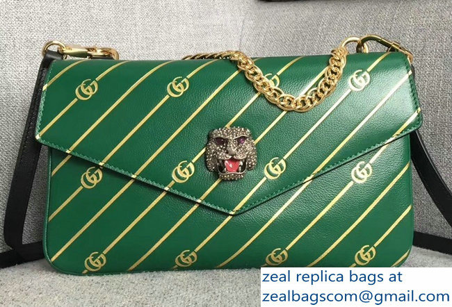 Gucci Double G And Feline Head With Crystals Medium Double Shoulder Bag 524822 Green/Black 2018 - Click Image to Close