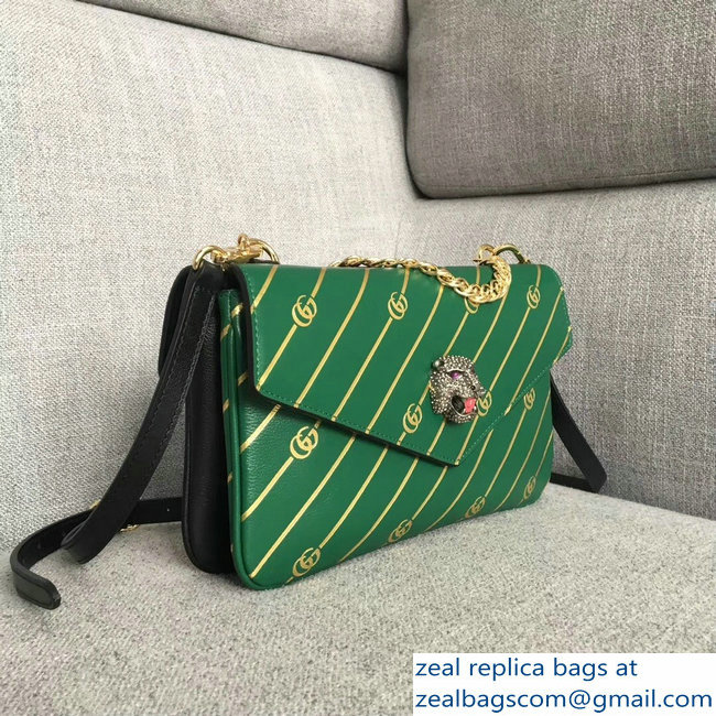 Gucci Double G And Feline Head With Crystals Medium Double Shoulder Bag 524822 Green/Black 2018