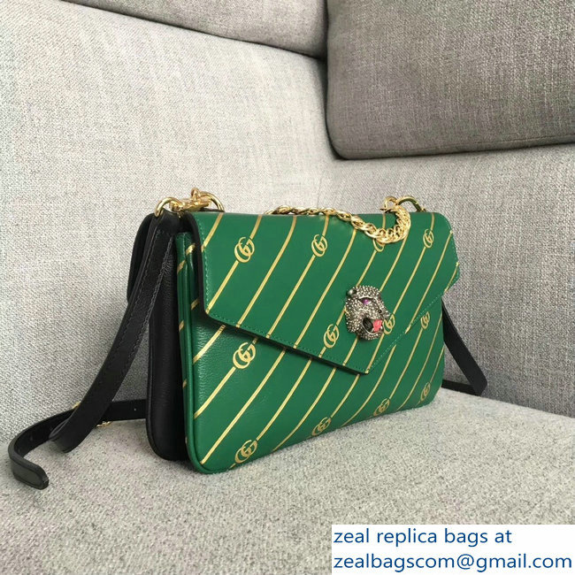 Gucci Double G And Feline Head With Crystals Medium Double Shoulder Bag 524822 Green/Black 2018 - Click Image to Close