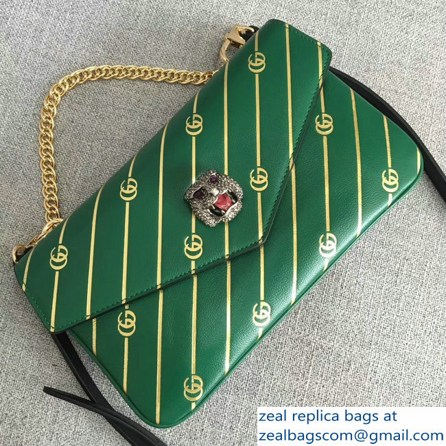 Gucci Double G And Feline Head With Crystals Medium Double Shoulder Bag 524822 Green/Black 2018 - Click Image to Close