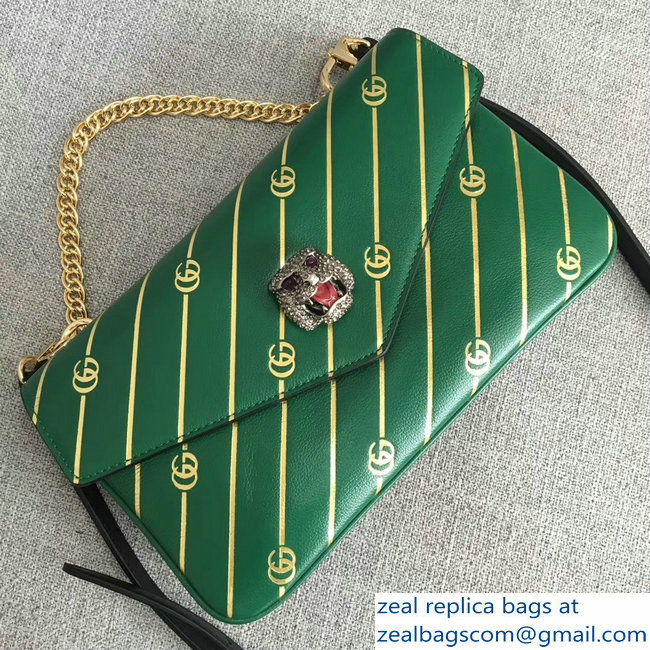 Gucci Double G And Feline Head With Crystals Medium Double Shoulder Bag 524822 Green/Black 2018