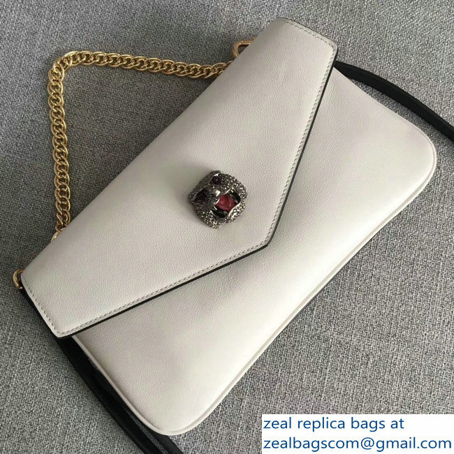 Gucci Double G And Feline Head With Crystals Medium Double Shoulder Bag 524822 White/Black 2018