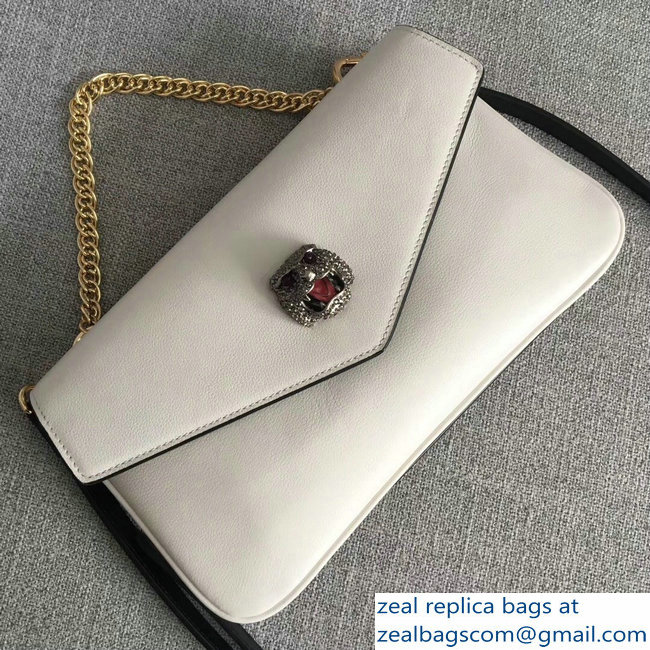 Gucci Double G And Feline Head With Crystals Medium Double Shoulder Bag 524822 White/Black 2018 - Click Image to Close