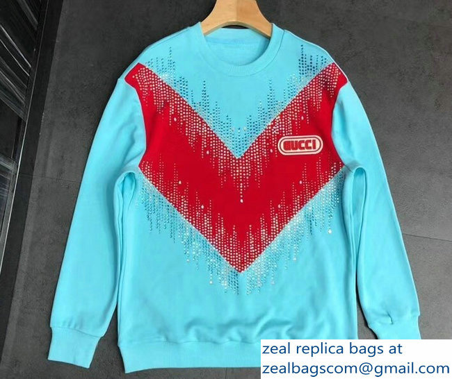 Gucci Embroidered Beads Chevron Light Blue/Red Sweatshirt 2018 - Click Image to Close