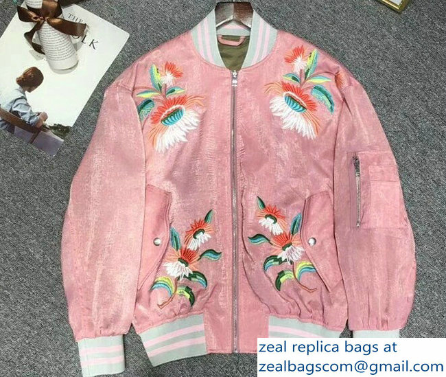 Gucci Embroidered Flower and Teddy Bear Guccification Pink Bomber Jacket 2018 - Click Image to Close