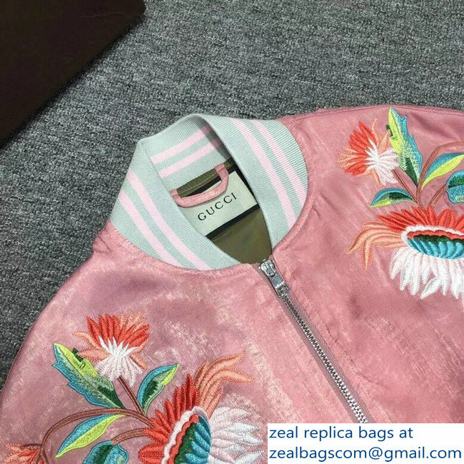 Gucci Embroidered Flower and Teddy Bear Guccification Pink Bomber Jacket 2018