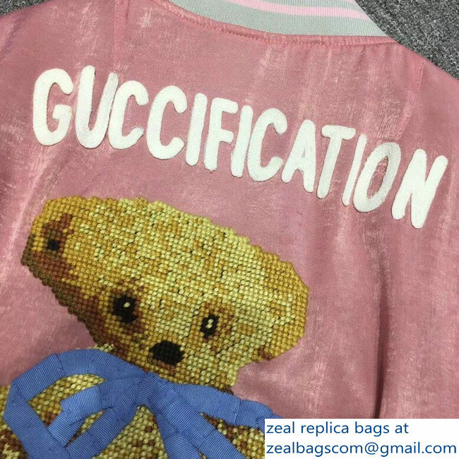 Gucci Embroidered Flower and Teddy Bear Guccification Pink Bomber Jacket 2018 - Click Image to Close