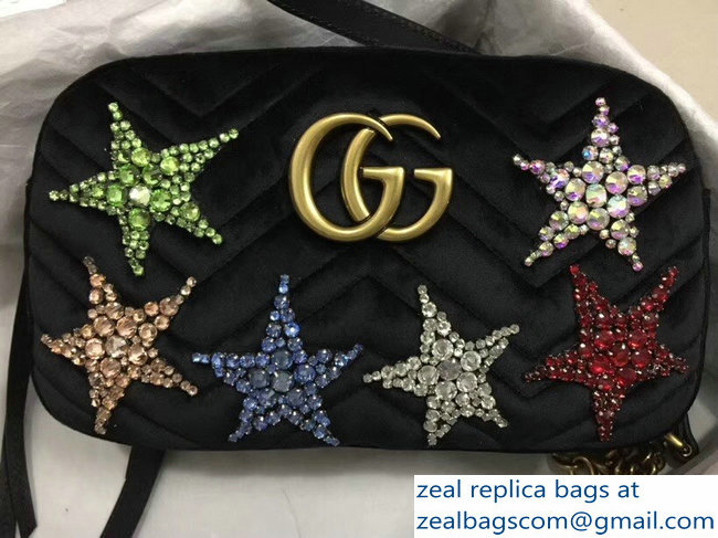 Gucci GG Marmont Chevron Shoulder Small Bag 447632 Crystal Embroidered Star 2018