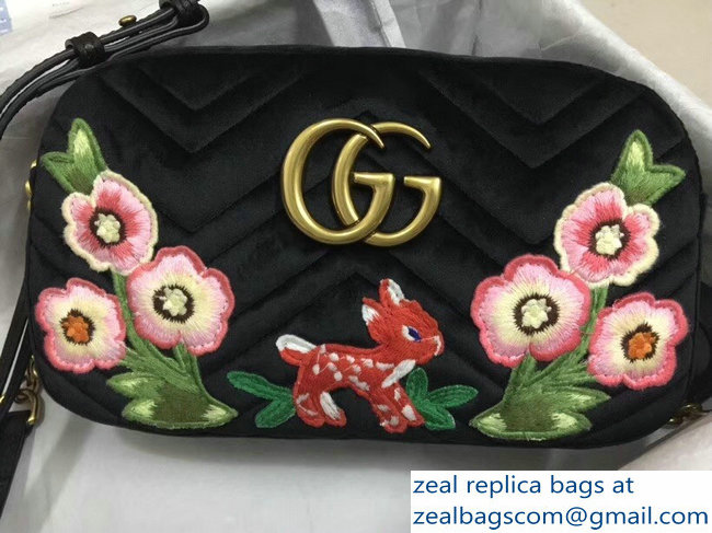 Gucci GG Marmont Chevron Shoulder Small Bag 447632 Velvet Embroidered Fawn And Flowers 2018