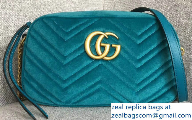 Gucci GG Marmont Chevron Shoulder Small Bag 447632 Velvet Turquoise