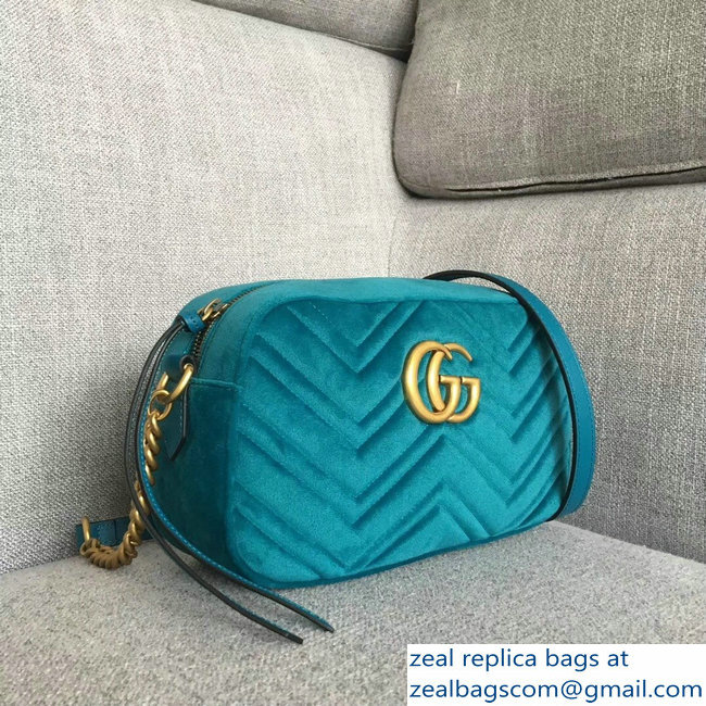 Gucci GG Marmont Chevron Shoulder Small Bag 447632 Velvet Turquoise - Click Image to Close