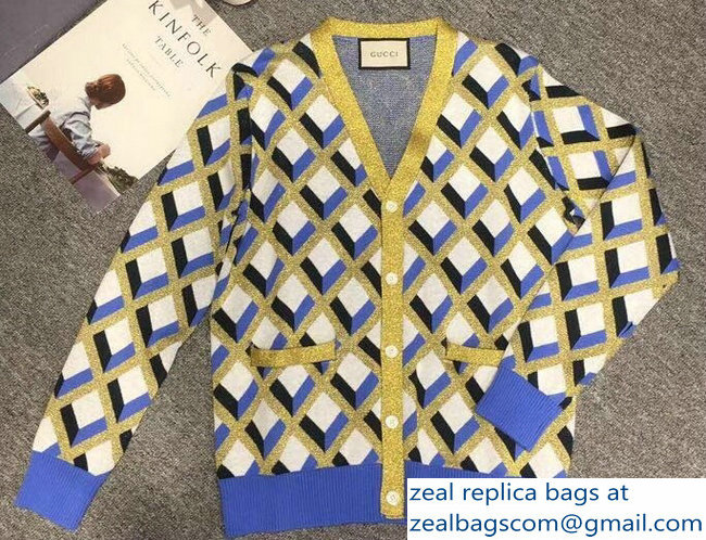 Gucci Guccification Tiger Head Blue/White/Gold Cardigan 2018