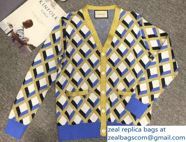 Gucci Guccification Tiger Head Blue/White/Gold Cardigan 2018 - Click Image to Close