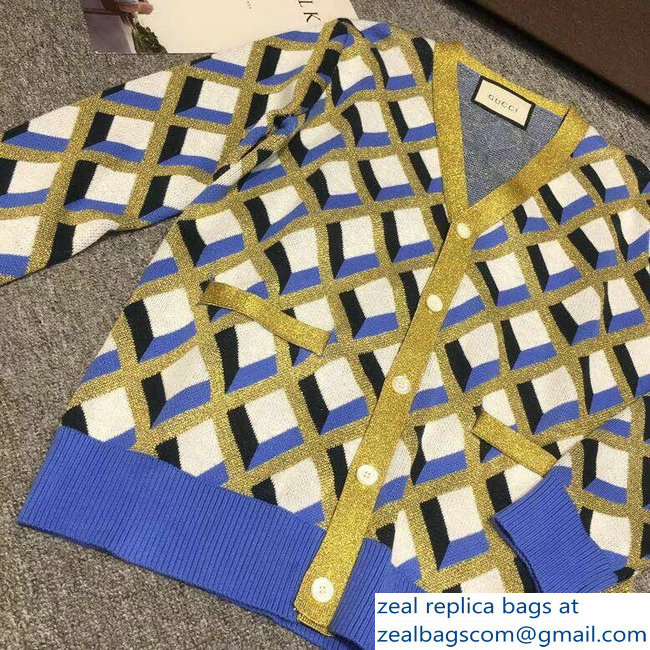 Gucci Guccification Tiger Head Blue/White/Gold Cardigan 2018