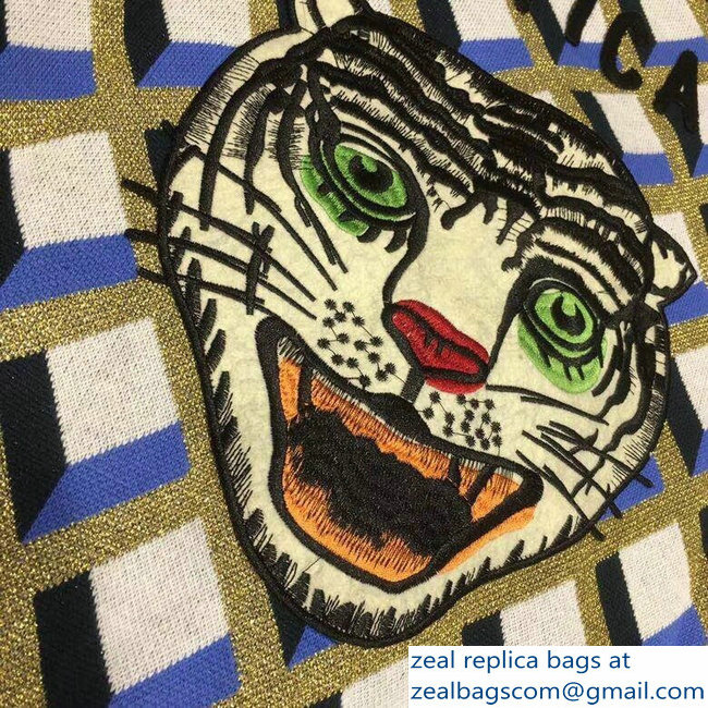 Gucci Guccification Tiger Head Blue/White/Gold Cardigan 2018 - Click Image to Close