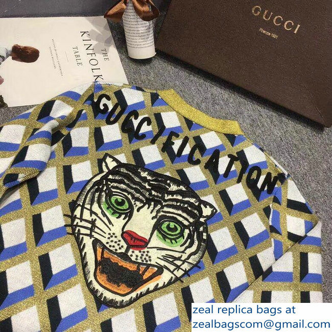 Gucci Guccification Tiger Head Blue/White/Gold Cardigan 2018