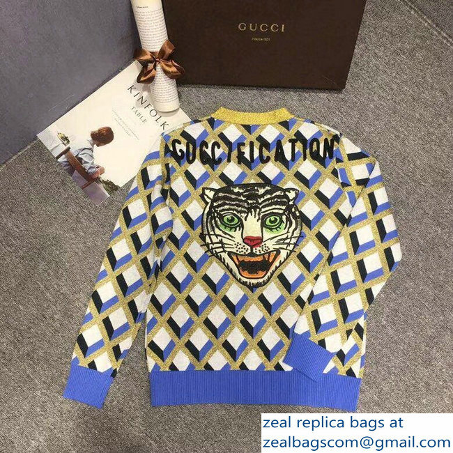 Gucci Guccification Tiger Head Blue/White/Gold Cardigan 2018 - Click Image to Close