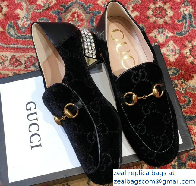 Gucci Horsebit Black GG Velvet Loafers With Crystals 522698 2018