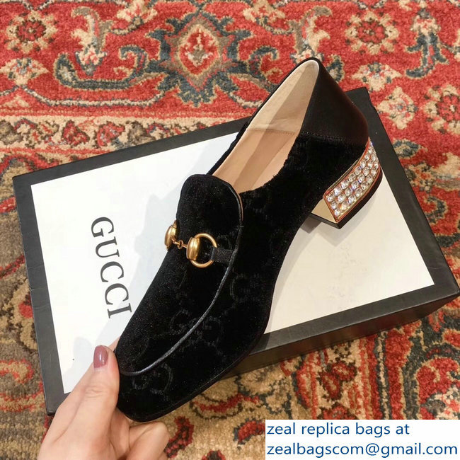 Gucci Horsebit Black GG Velvet Loafers With Crystals 522698 2018