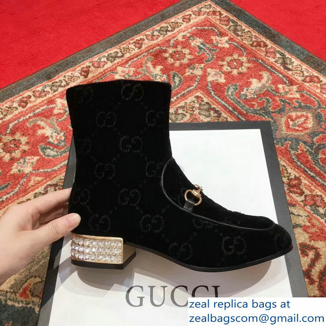 Gucci Horsebit GG Velvet Boots With Crystals Black 2018