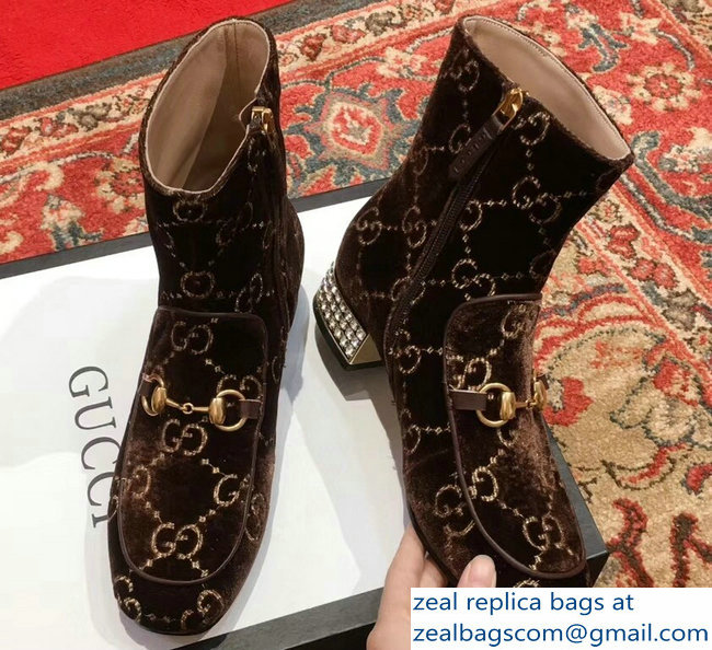 Gucci Horsebit GG Velvet Boots With Crystals Coffee 2018