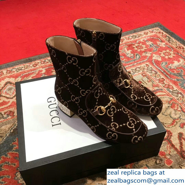 Gucci Horsebit GG Velvet Boots With Crystals Coffee 2018