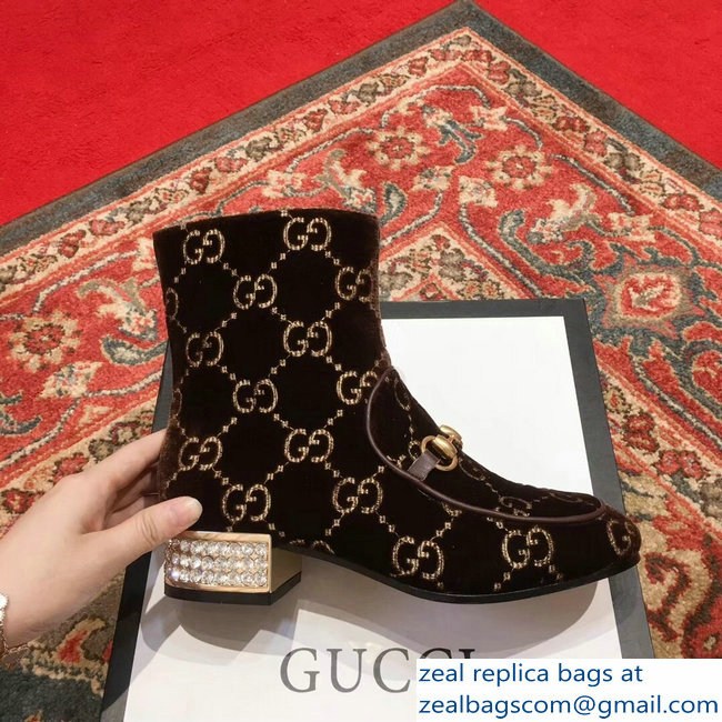 Gucci Horsebit GG Velvet Boots With Crystals Coffee 2018
