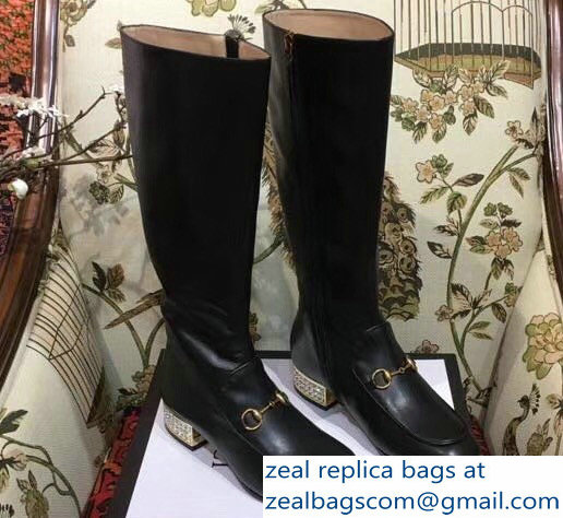 Gucci Horsebit Leather Knee Boots Black With Crystals 2018