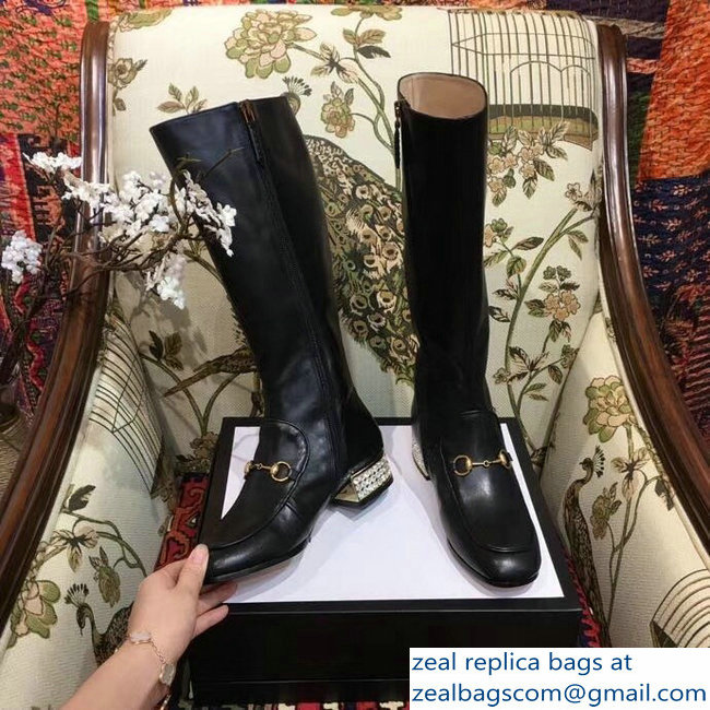 Gucci Horsebit Leather Knee Boots Black With Crystals 2018 - Click Image to Close