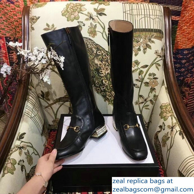 Gucci Horsebit Leather Knee Boots Black With Crystals 2018