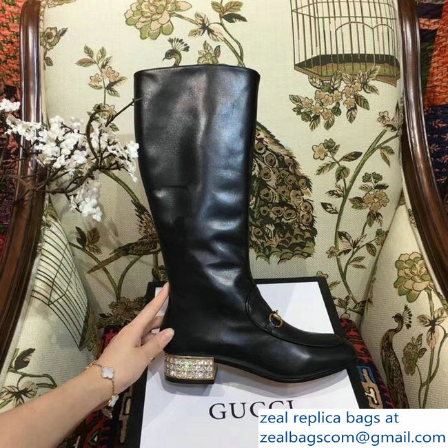 Gucci Horsebit Leather Knee Boots Black With Crystals 2018