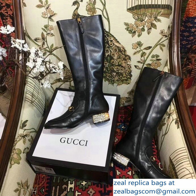 Gucci Horsebit Leather Knee Boots Black With Crystals 2018 - Click Image to Close