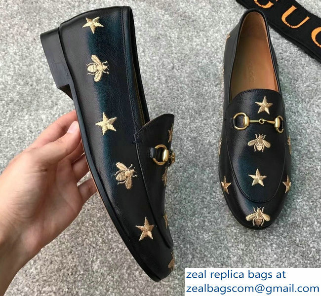 Gucci Horsebit Leather Loafer Gold Thread Embroidered Bees And Stars Black