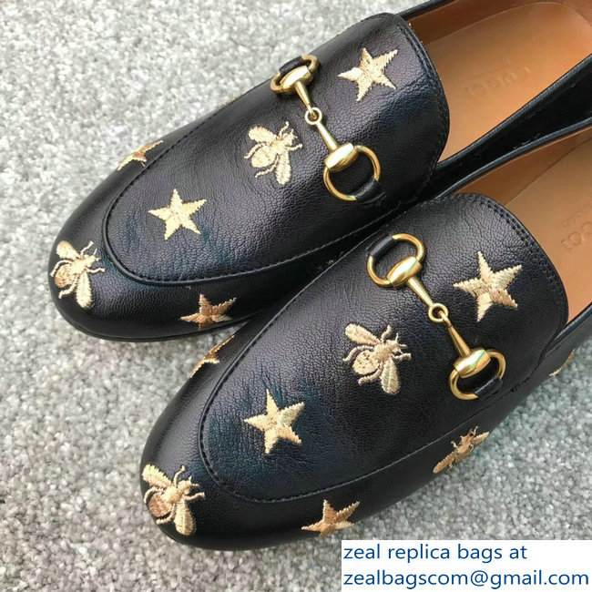 Gucci Horsebit Leather Loafer Gold Thread Embroidered Bees And Stars Black