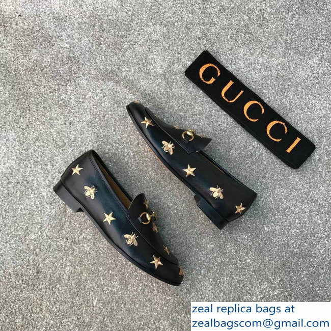 Gucci Horsebit Leather Loafer Gold Thread Embroidered Bees And Stars Black