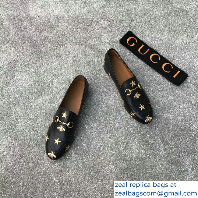 Gucci Horsebit Leather Loafer Gold Thread Embroidered Bees And Stars Black