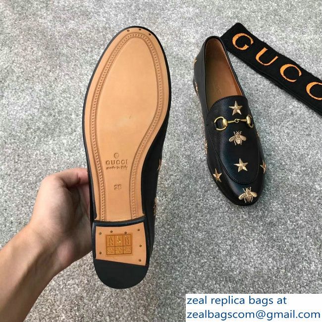 Gucci Horsebit Leather Loafer Gold Thread Embroidered Bees And Stars Black