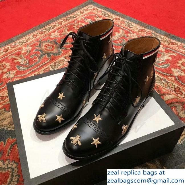 Gucci Lace-Up Boots Black With Gold Bees And Stars Embroidery 2018