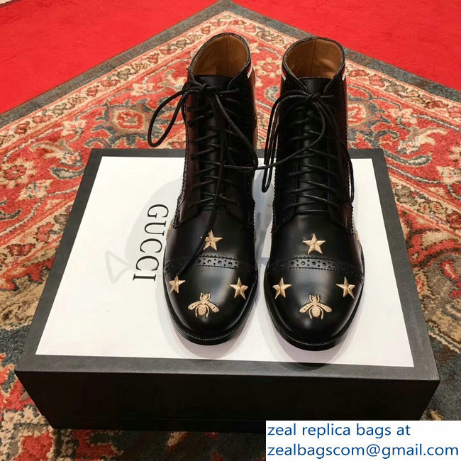 Gucci Lace-Up Boots Black With Gold Bees And Stars Embroidery 2018