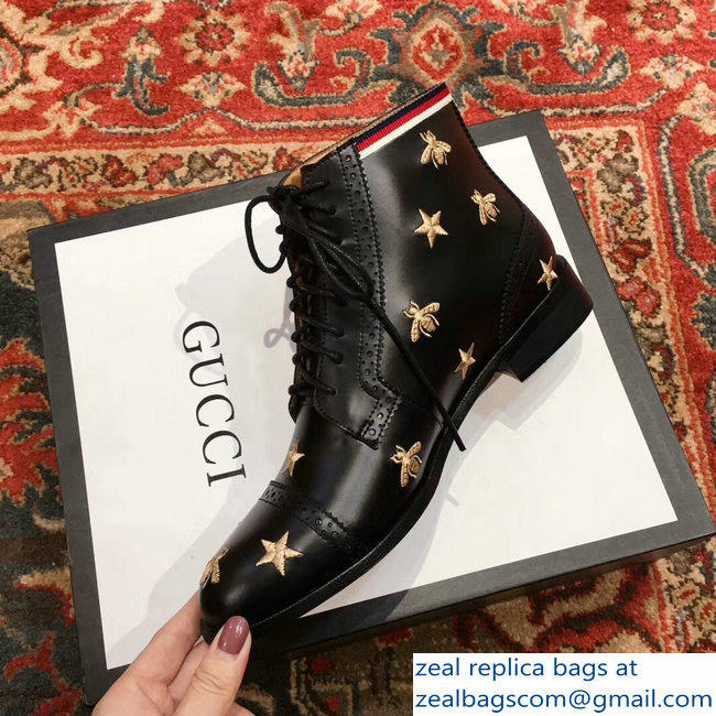 Gucci Lace-Up Boots Black With Gold Bees And Stars Embroidery 2018