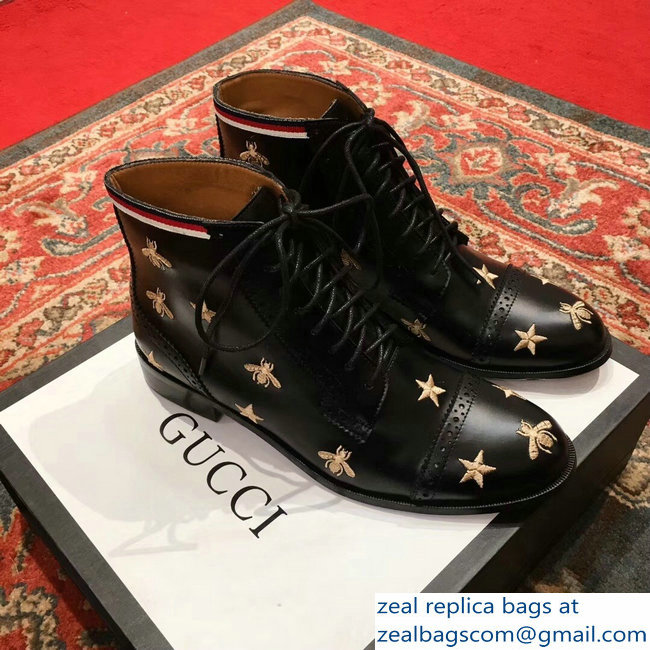 Gucci Lace-Up Boots Black With Gold Bees And Stars Embroidery 2018