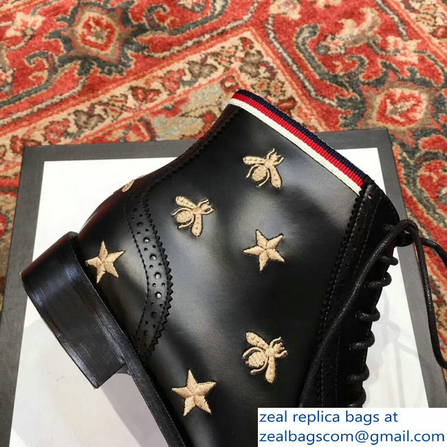 Gucci Lace-Up Boots Black With Gold Bees And Stars Embroidery 2018