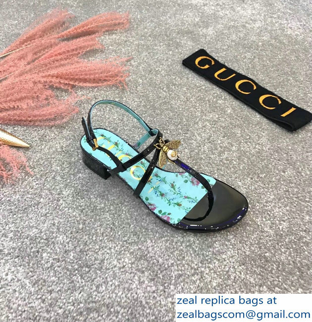 Gucci Metal Bee With Pearl Patent Leather Thong Sandals 524624 Black - Click Image to Close