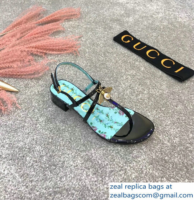 Gucci Metal Bee With Pearl Patent Leather Thong Sandals 524624 Black