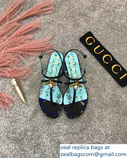 Gucci Metal Bee With Pearl Patent Leather Thong Sandals 524624 Black