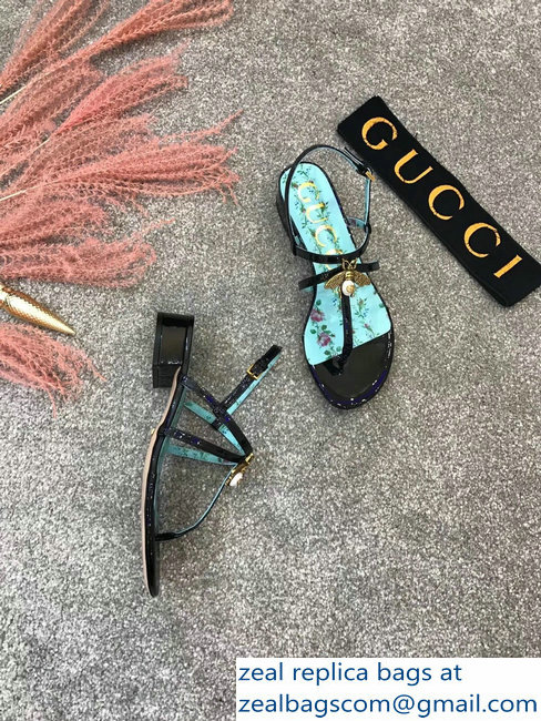 Gucci Metal Bee With Pearl Patent Leather Thong Sandals 524624 Black