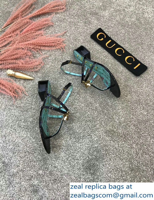 Gucci Metal Bee With Pearl Patent Leather Thong Sandals 524624 Black