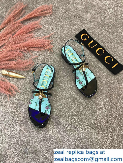 Gucci Metal Bee With Pearl Patent Leather Thong Sandals 524624 Black